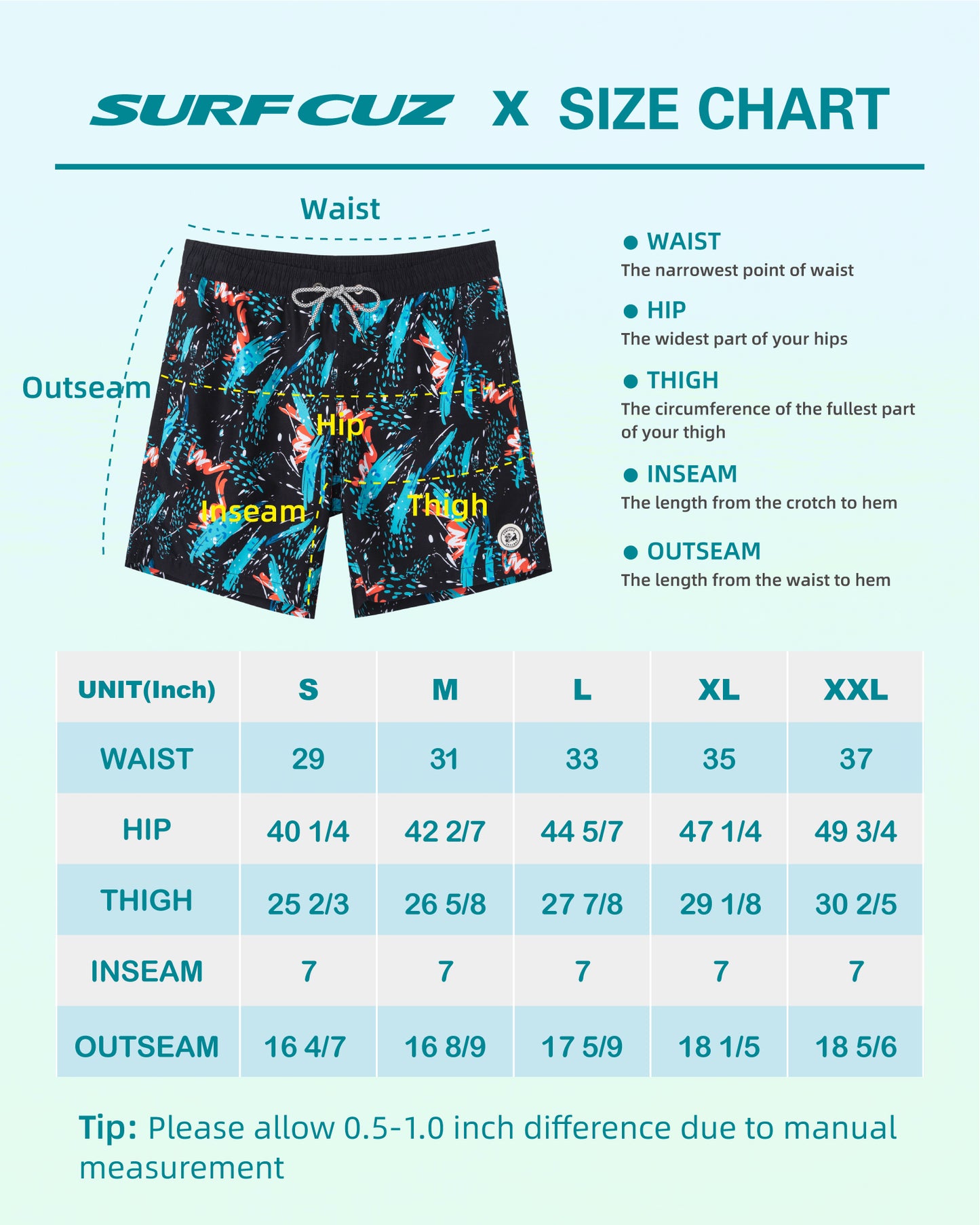 Traje de baño Hombre - Diseño estampado floral negro naranjo y celeste - Secado rápido