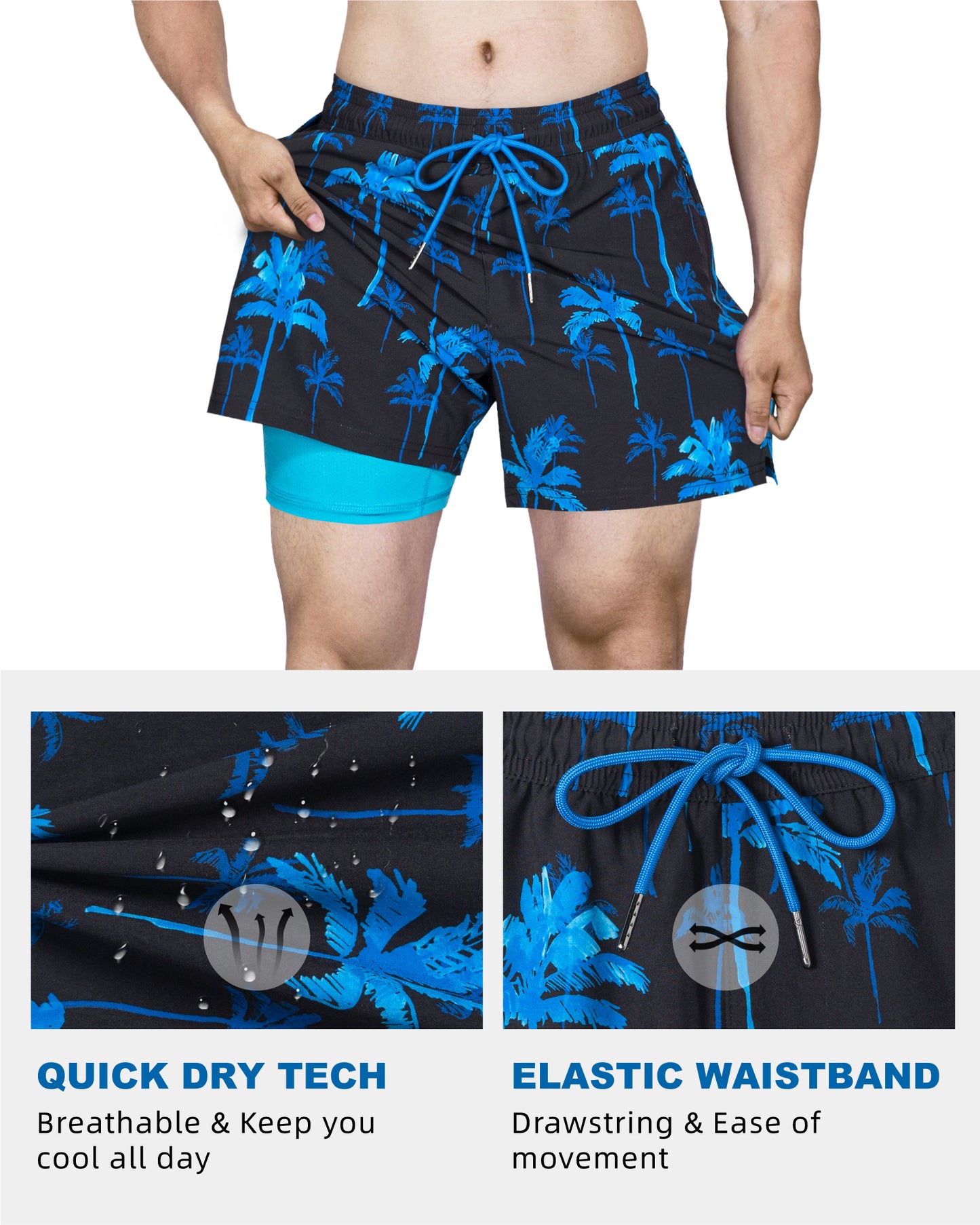 Traje de baño Hombre 2 en 1 - Diseño Palmeras Azules - largo pierna 11.5 cm - color Azul y Negro