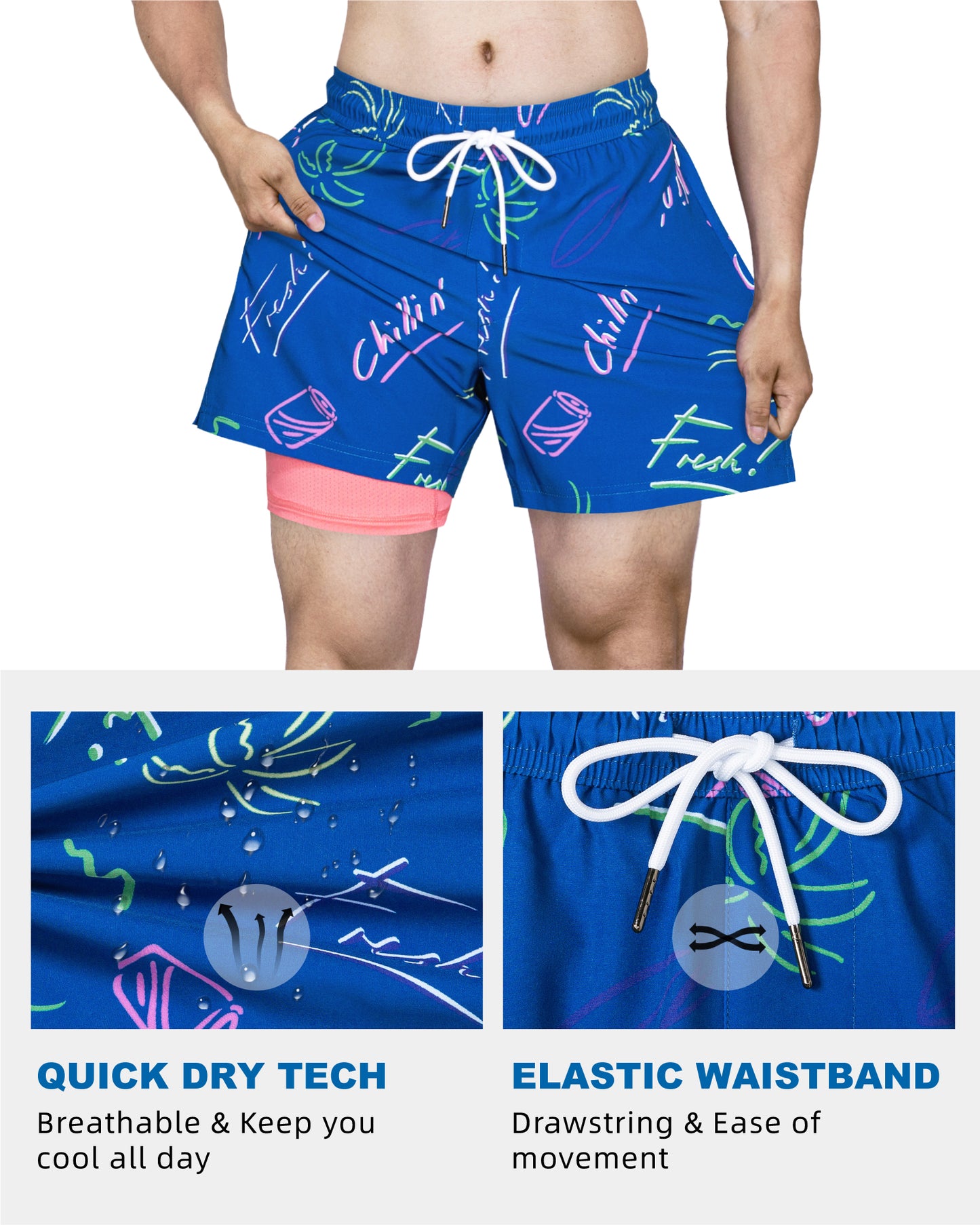 Traje de baño Hombre 2 en 1 - Diseño Letras - largo pierna 11.5 cm - color Azul