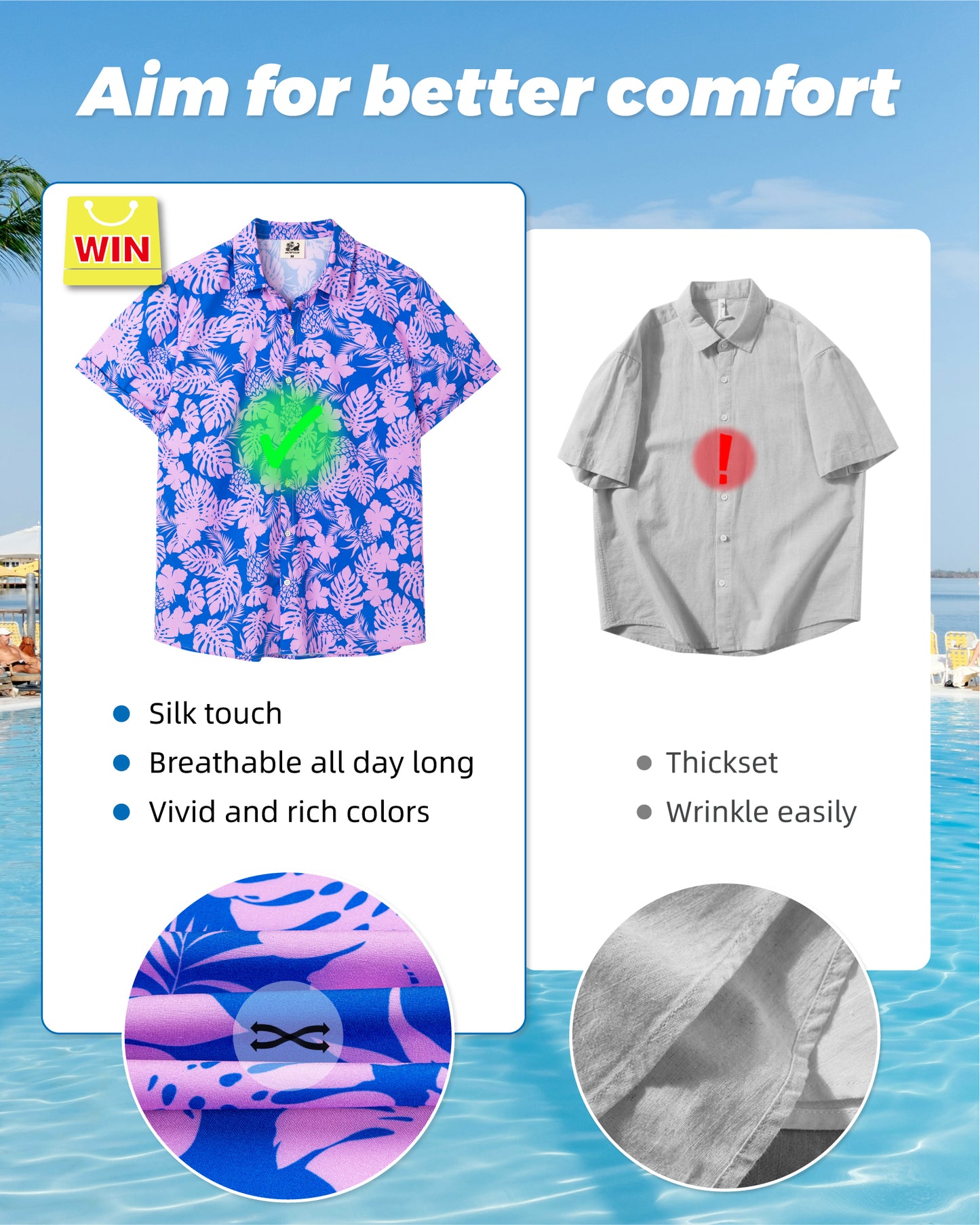 Camisa Guayabera Hombre - Diseño Monsteras - color Rosado y Azul