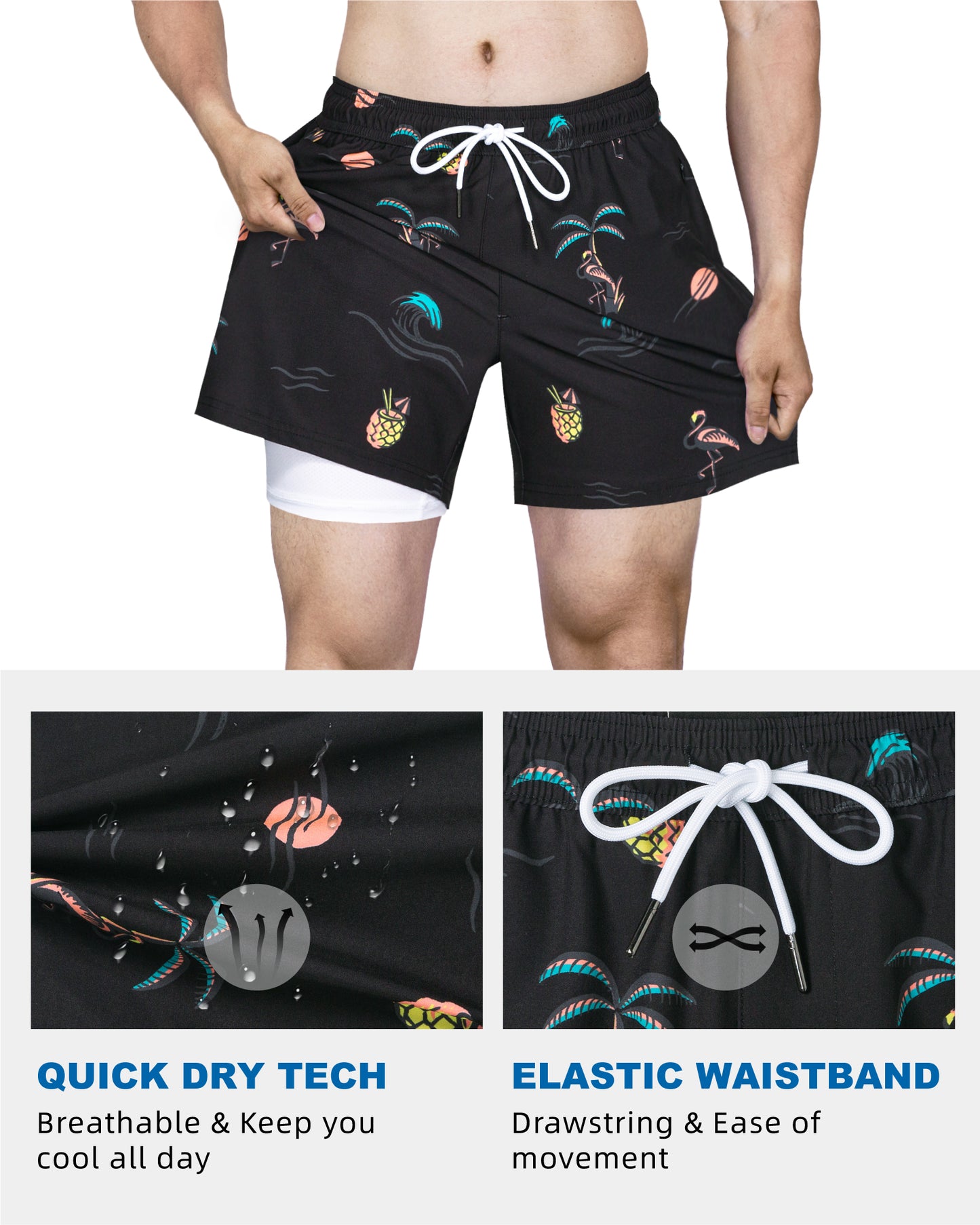 Traje de baño Hombre 2 en 1 - Diseño Motivos Tropicales - largo pierna 11.5 cm - color Negro