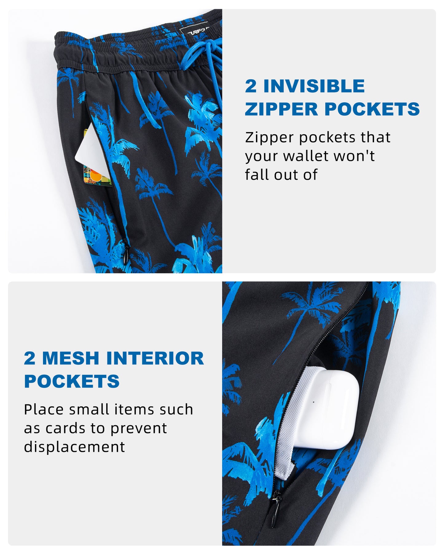 Traje de baño Hombre 2 en 1 - Diseño Palmeras Azules - largo pierna 11.5 cm - color Azul y Negro