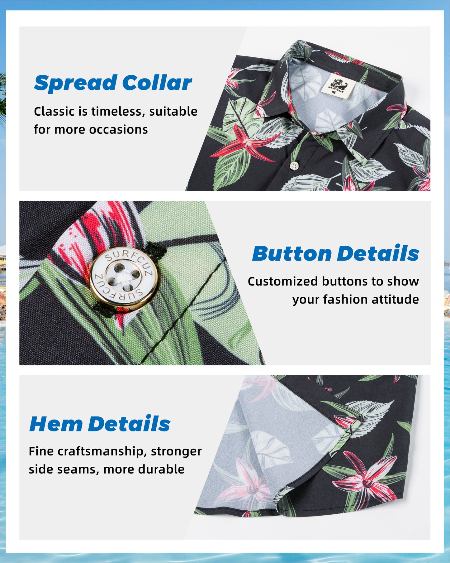 Camisa Guayabera Hombre - Diseño Hojas Tropical - color Negro