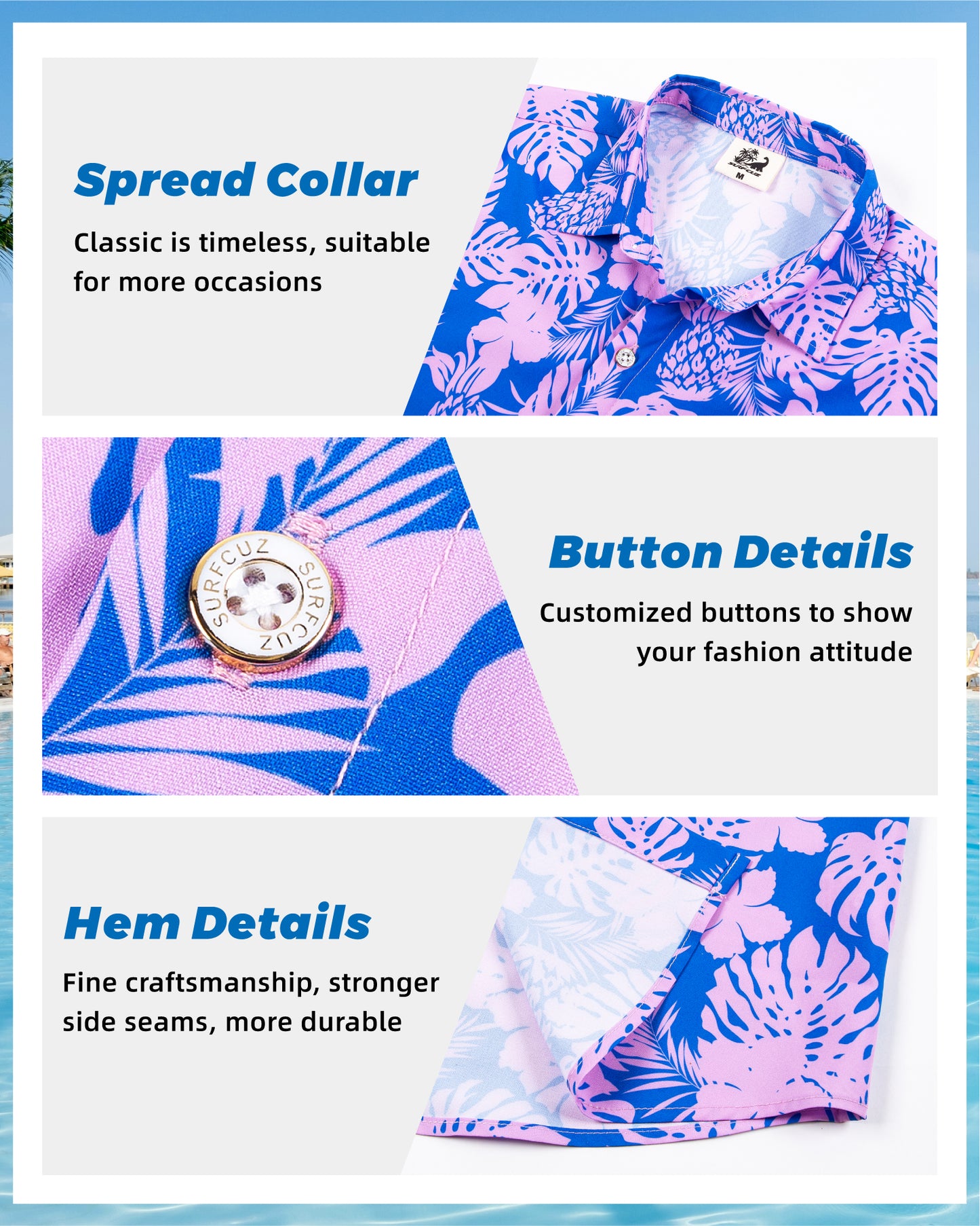 Camisa Guayabera Hombre - Diseño Monsteras - color Rosado y Azul