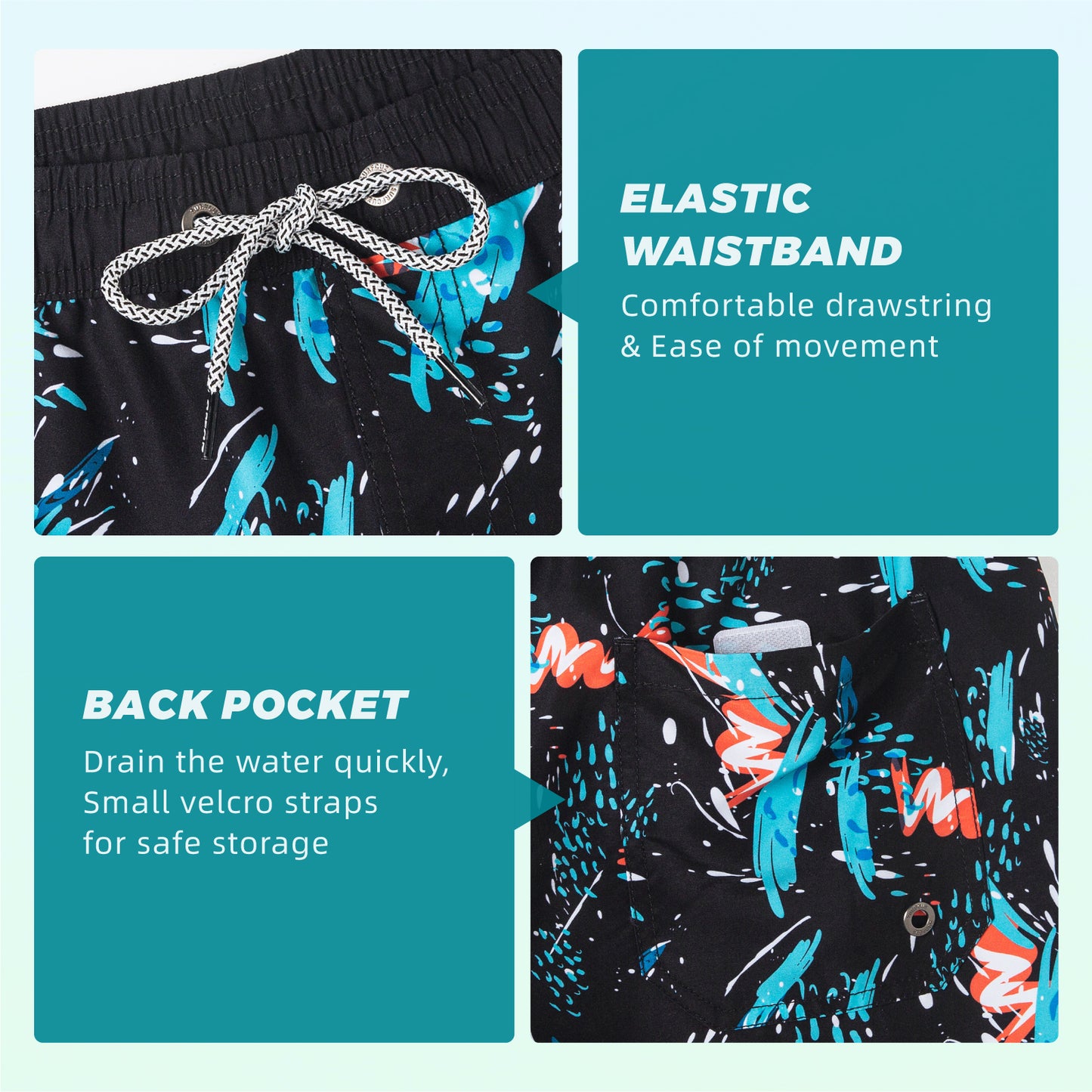 Traje de baño Hombre - Diseño estampado floral negro naranjo y celeste - Secado rápido