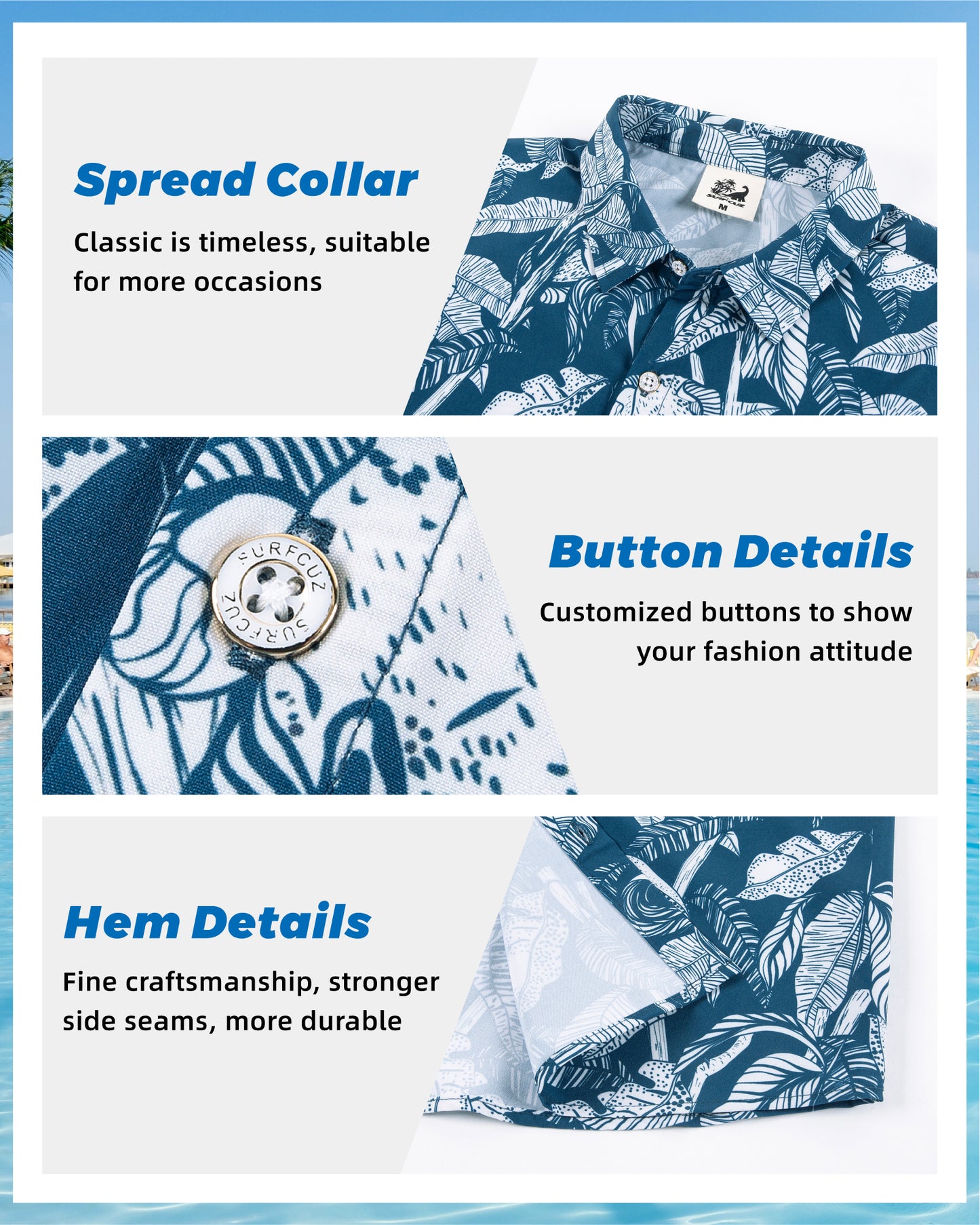 Camisa Guayabera Hombre - Diseño Flores Tropicales - color Azul y Blanco