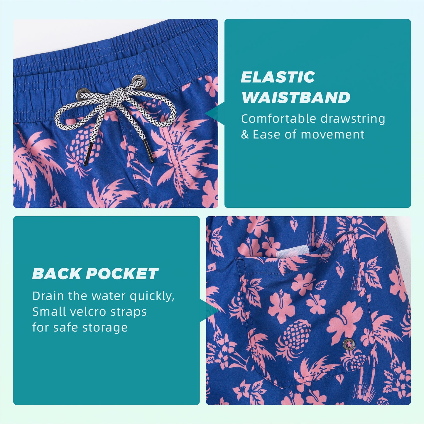 Traje de baño Hombre - Diseño estampado floral hojas rosadas - Secado rápido