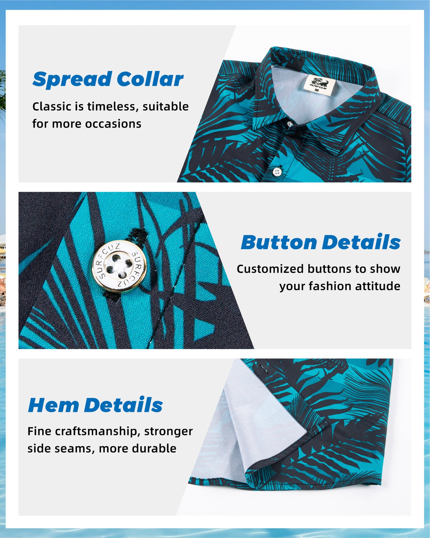 Camisa Guayabera Hombre - Diseño Hojas Negras - color Azul y Negro