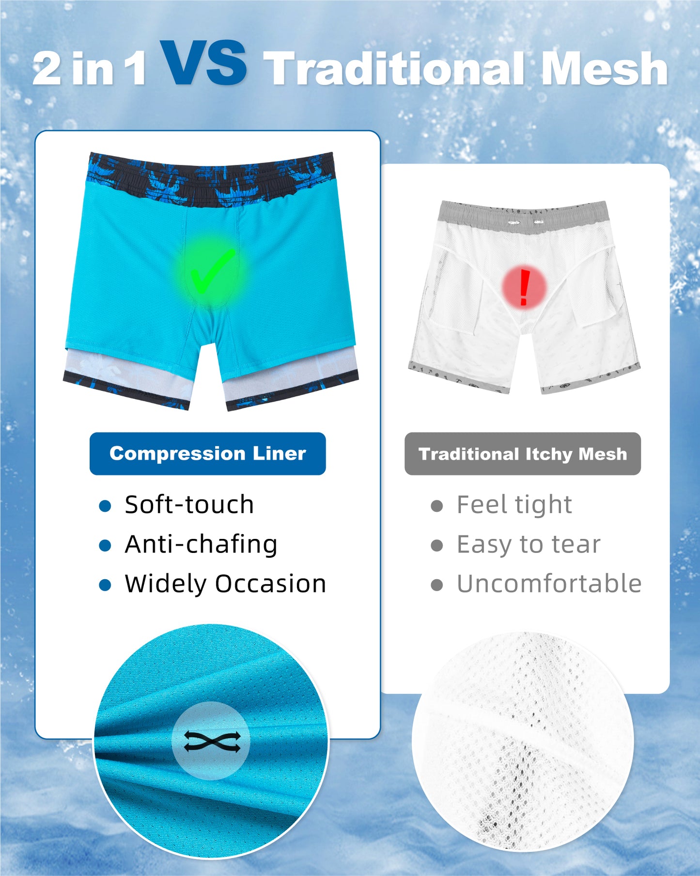 Traje de baño Hombre 2 en 1 - Diseño Palmeras Azules - largo pierna 11.5 cm - color Azul y Negro