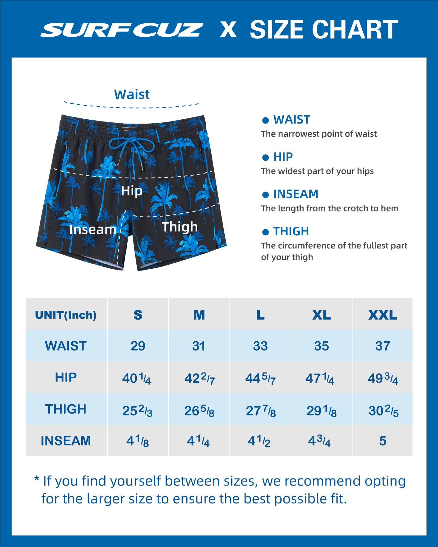 Traje de baño Hombre 2 en 1 - Diseño Palmeras Azules - largo pierna 11.5 cm - color Azul y Negro