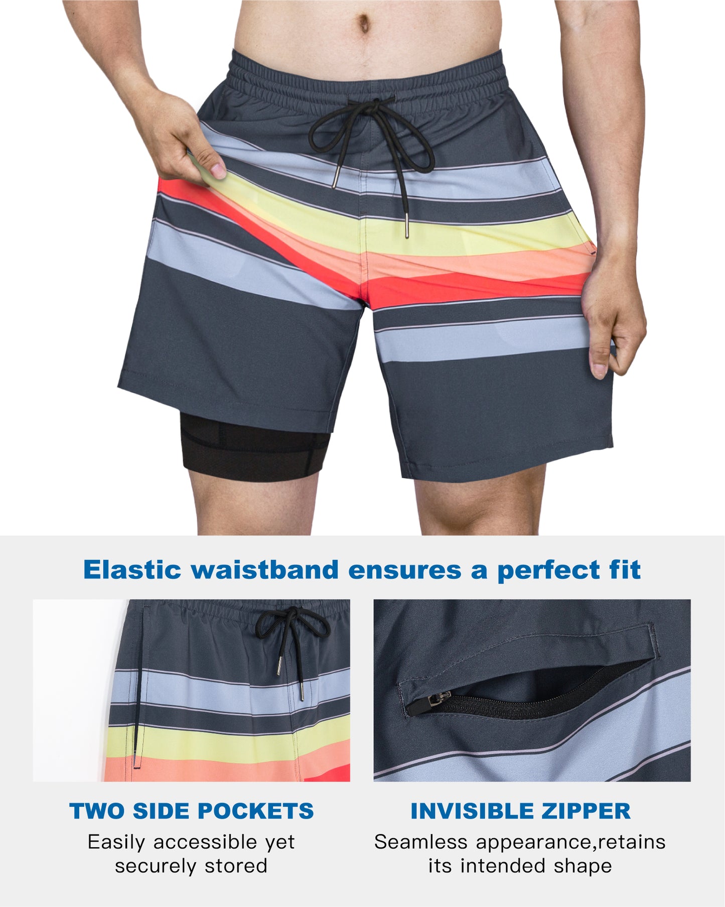 Traje de baño Hombre 2 en 1 - Diseño Lineas - largo pierna 18 cm - color Multicolor