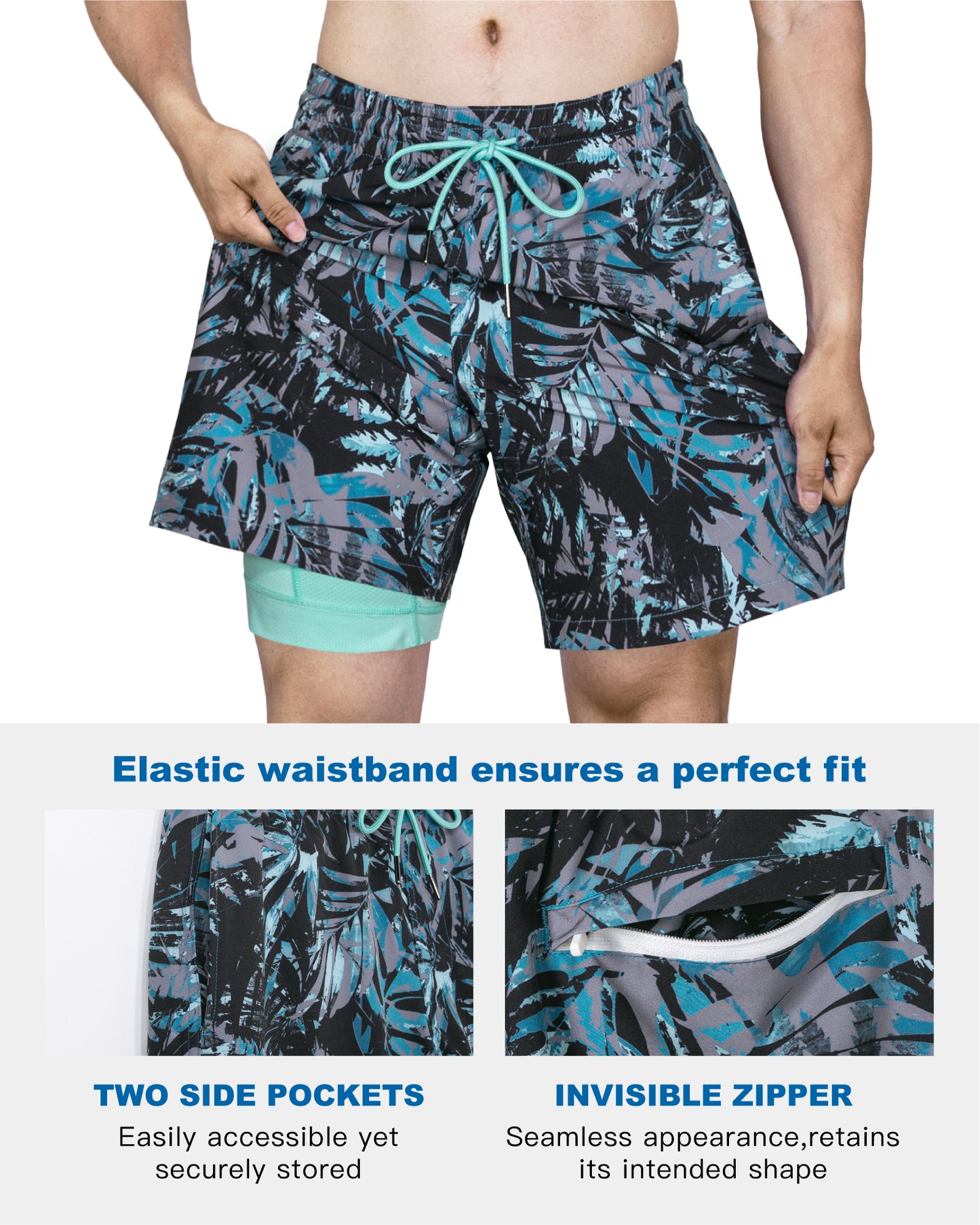 Traje de baño Hombre 2 en 1 - Diseño Hojas - largo pierna 18 cm - color Multicolor