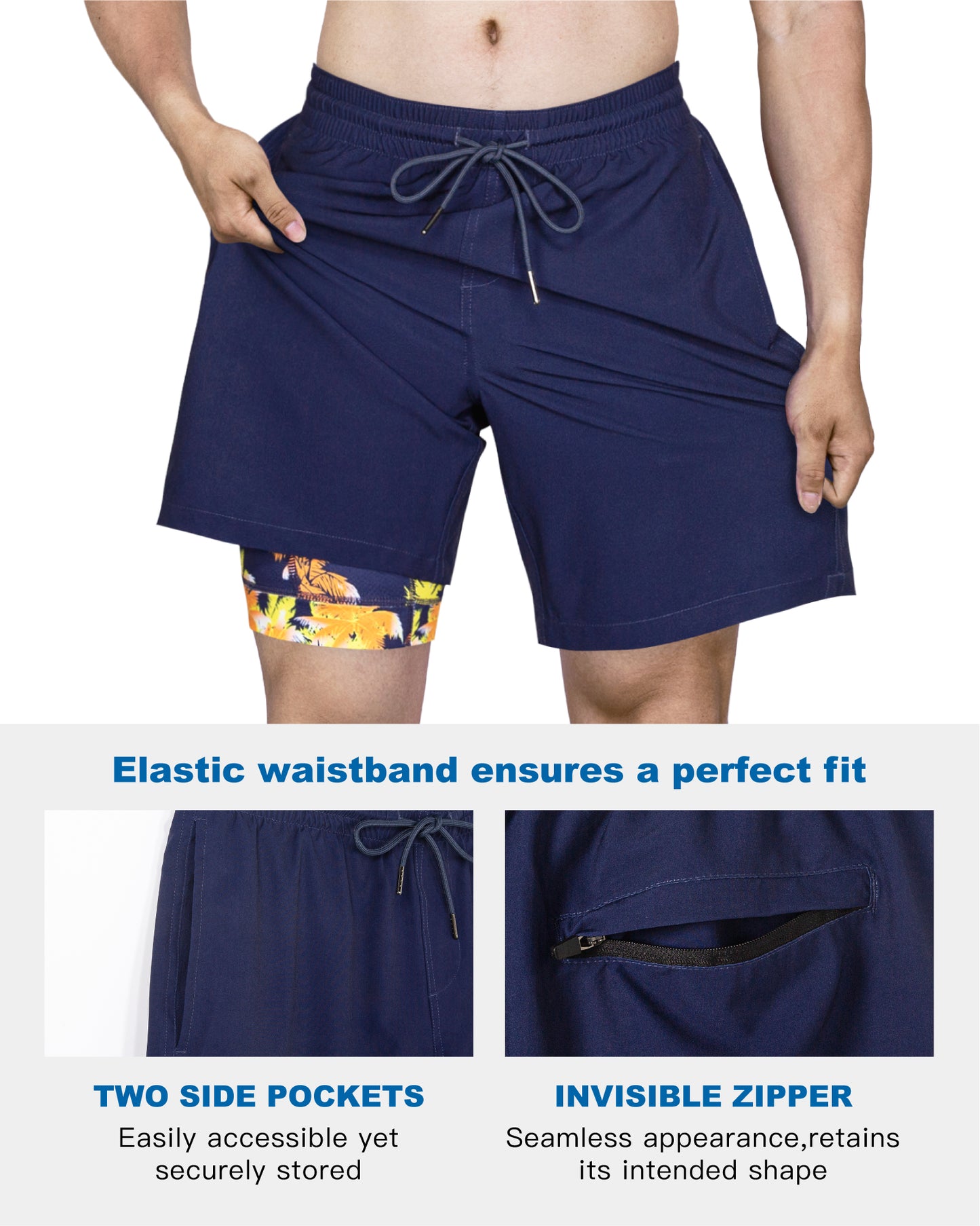 Traje de baño Hombre 2 en 1 - Diseño Azul Marino con calza estampada - largo pierna 18 cm - color Azul