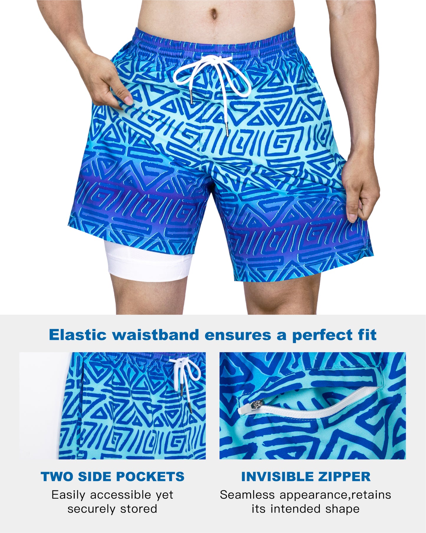 Traje de baño Hombre 2 en 1 - Diseño Geométrico - largo pierna 18 cm - color Azul