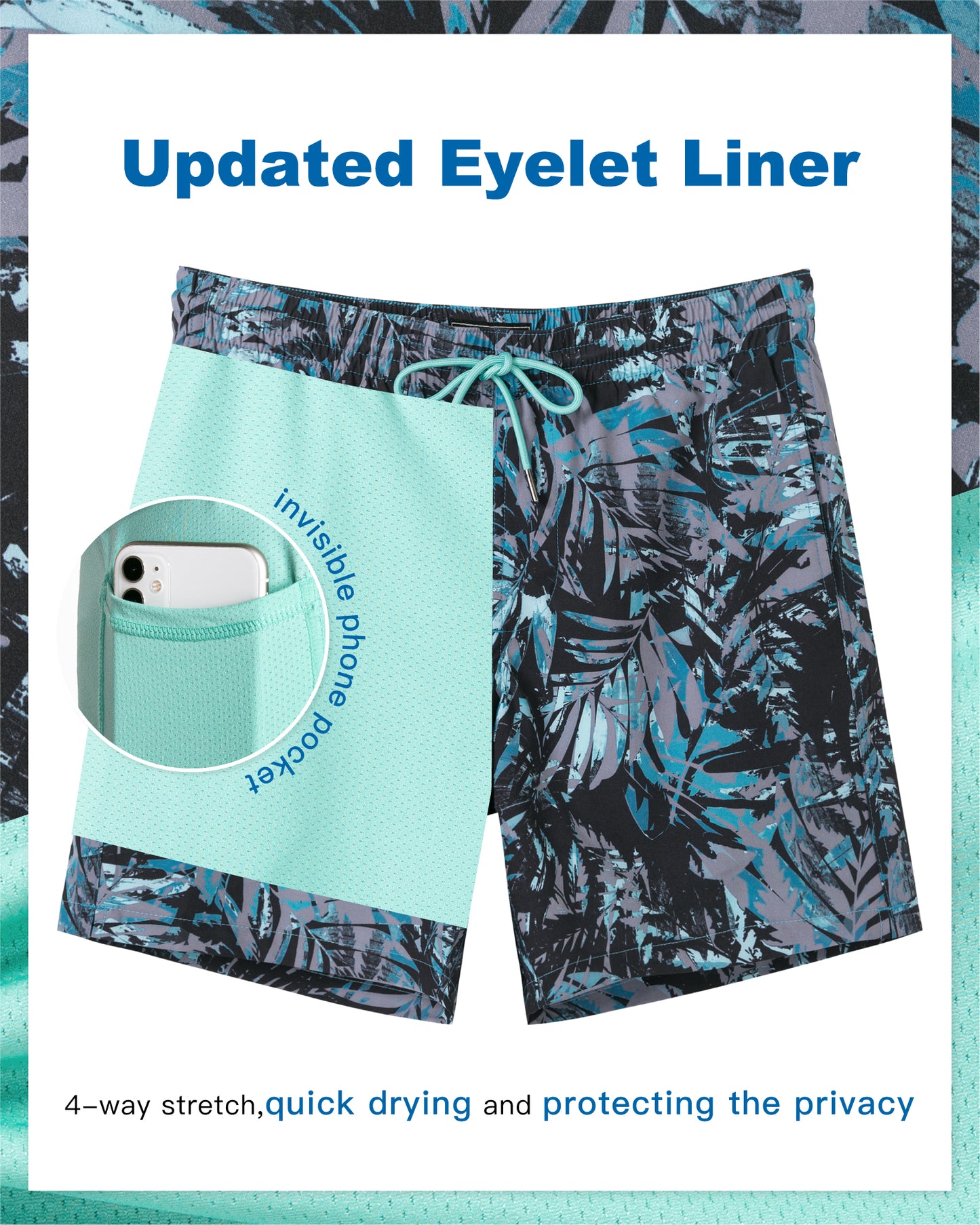 Traje de baño Hombre 2 en 1 - Diseño Hojas - largo pierna 18 cm - color Multicolor