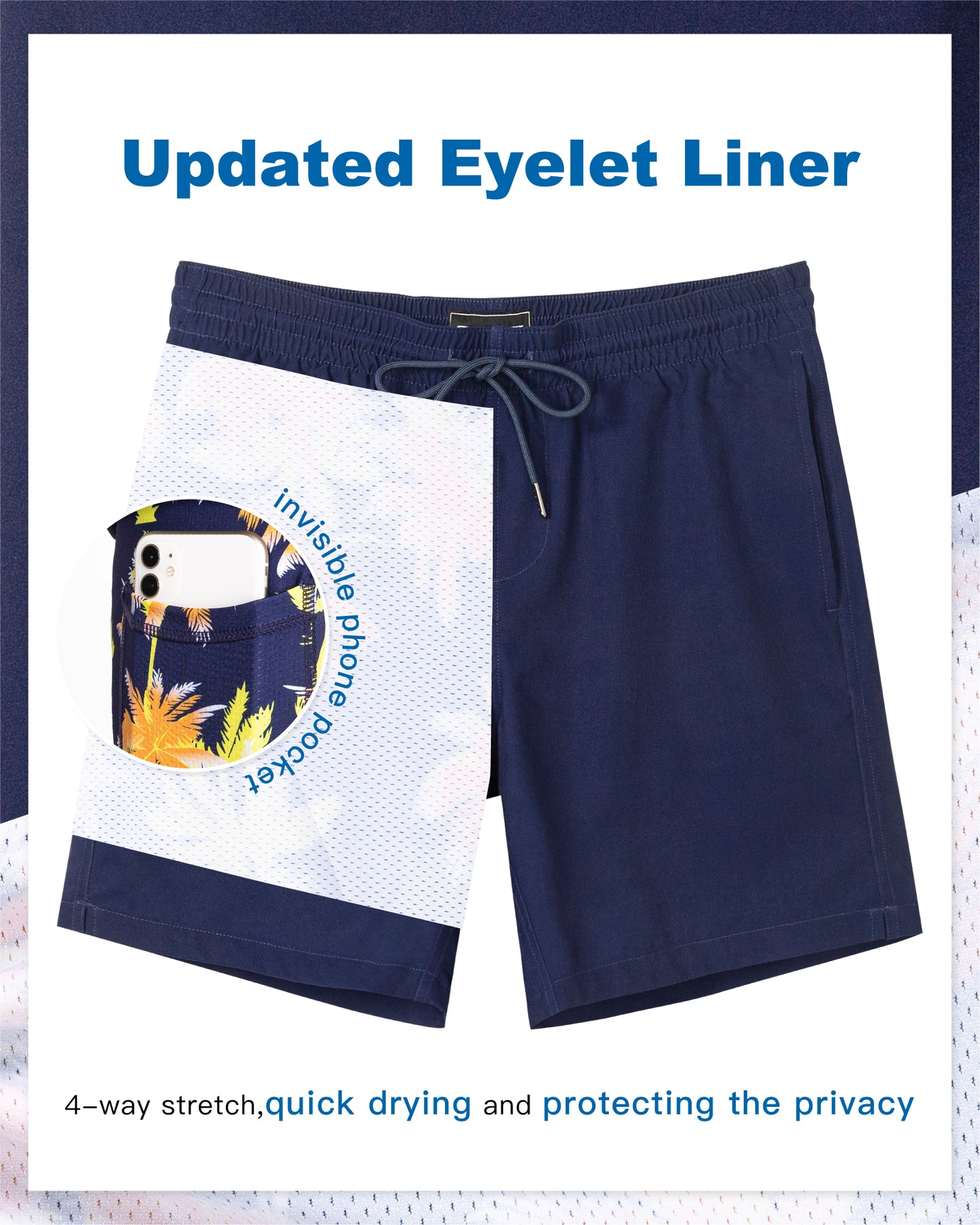 Traje de baño Hombre 2 en 1 - Diseño Azul Marino con calza estampada - largo pierna 18 cm - color Azul