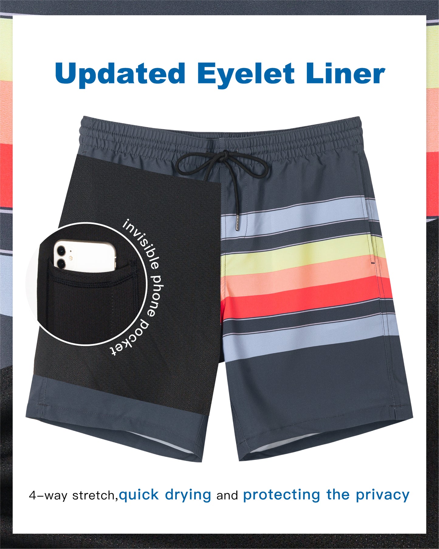 Traje de baño Hombre 2 en 1 - Diseño Lineas - largo pierna 18 cm - color Multicolor