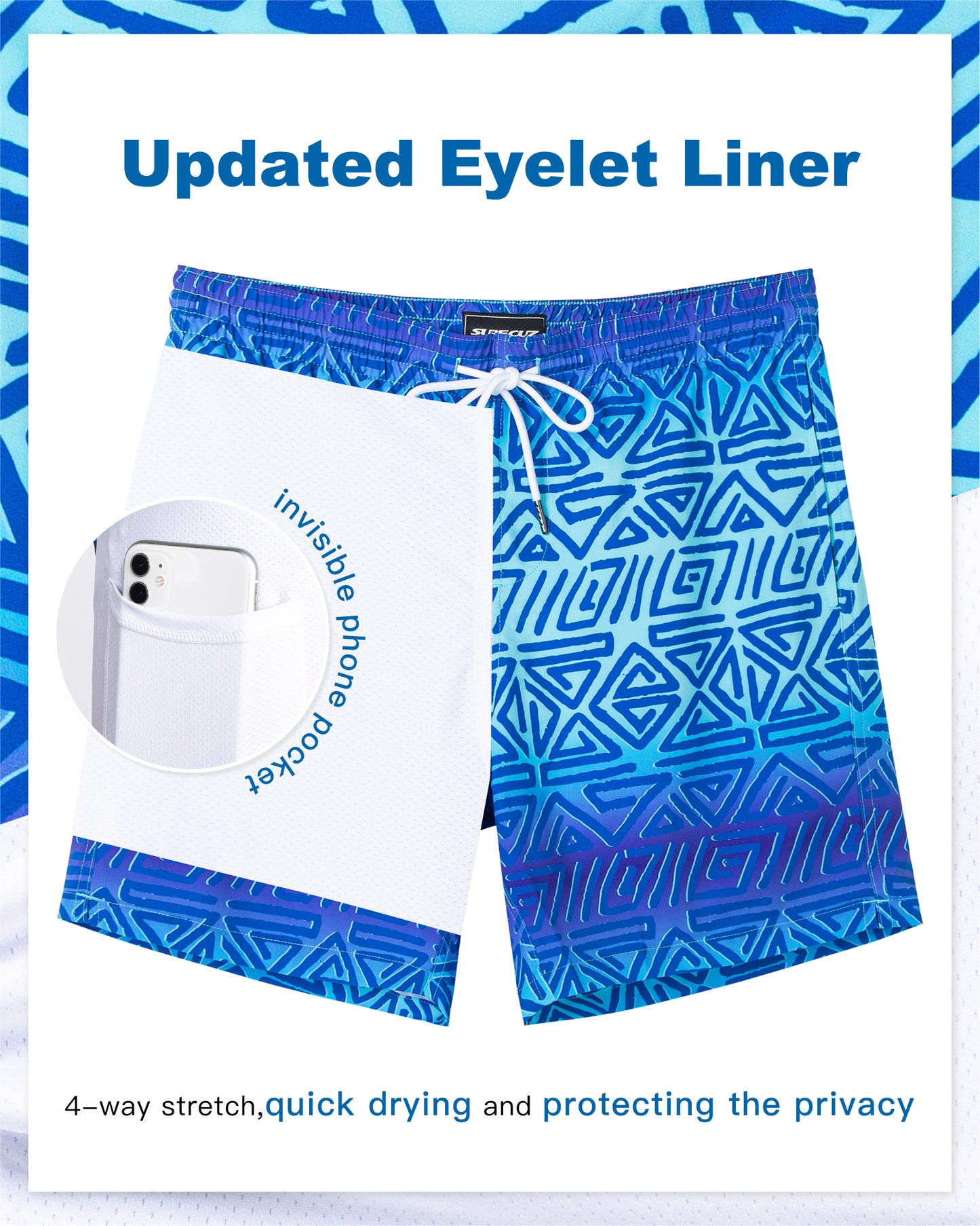 Traje de baño Hombre 2 en 1 - Diseño Geométrico - largo pierna 18 cm - color Azul